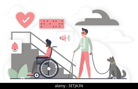 People with disabilities facing stairs with wheelchair user, blind person and guide dog, plus accessibility icons for hearing, vision and care support isolated on white background vector illustration Stock Vector