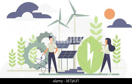 People with solar panels, wind turbines, leaves and electric symbol present clean renewable energy technology, sustainability and eco power isolated on white background vector illustration Stock Vector