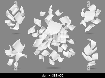 Falling paper. Realistic compositions featuring flying sheets swirls. Crumpled documents. Blank pages curling. Soaring notepaper group. 3D mockups Stock Vector