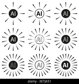 Artificial intelligence spark sunburst icons vector set. Perfect for tech branding and modern application interface designs. EPS 10. Stock Vector