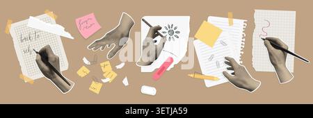 Sepia halftone hands writing, sketching and arranging sticky notes, papers, clips, pen and marker in a creative stationery collage isolated on white background vector illustration Stock Vector