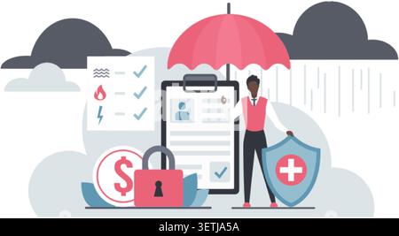Cloud insurance concept with policy checklist, umbrella, shield, lock and medical protection icons around a black businesswoman, isolated on white background vector illustration Stock Vector