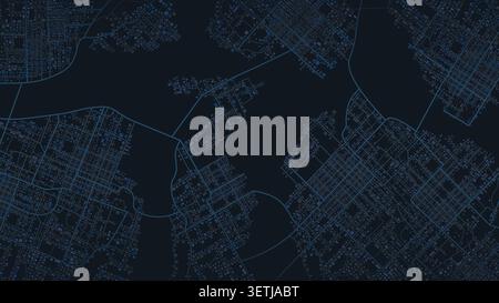 Detailed abstract city map pattern in dark blue colors showing urban roads and river network for background design. Vector illustration. Stock Vector