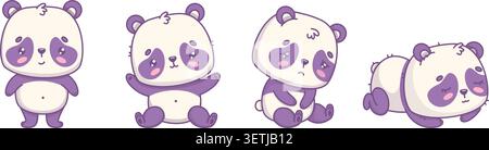 Kawaii Panda Bear Character Set. Cute Cartoon Standing, Sitting, Happy, Sad And Sleeping. Animal Poses Collection. Isolated Vector Illustration Stock Vector