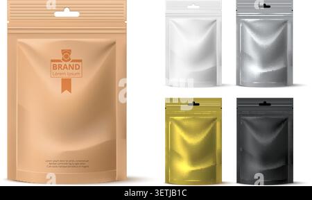 Packaged in bags with realistic designs. Individual foil pouches with zippers in various colors. Gold, silver, black and white 3D plastic sachets. Doy Stock Vector