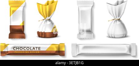 Candies packaging design. Realistic mockups of wrappers for sweets. Truffles and chocolate bars. Template with branded labels for confectionery Stock Vector