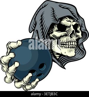 A grim reaper or death skeleton sports team or Halloween event mascot holding a bowling ball Stock Vector
