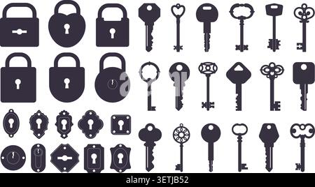 Antique and modern keys and keyholes. Black silhouette icons on white background. Various passkey shapes and engravings. Mortise door locks. Home acce Stock Vector