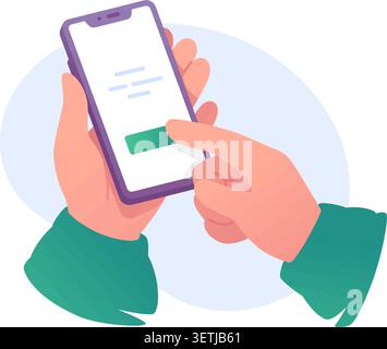 Hands holding smartphone and tapping green button vector illustration. Mobile app user interface, digital screen interaction, online confirmation and Stock Vector