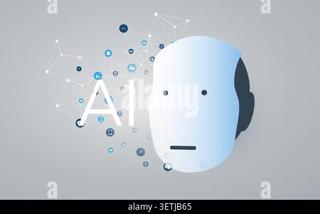 A futuristic conceptual vector graphic design illustrating a humanoid robot head silhouette and bold AI acronym letters on complex network mesh of int Stock Vector