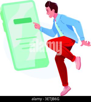 Man interacting with smartphone interface screen vector illustration. Mobile app user, digital online registration, tap button and login concept. Happ Stock Vector