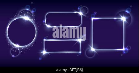 Glowing frames with lens flare. Realistic sparkling lights in various shapes. Round, square and rectangular borders with glowing effects. Starlight Stock Vector