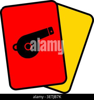 Flat illustration of red and yellow referee cards with a black whistle placed on top of the cards Stock Vector