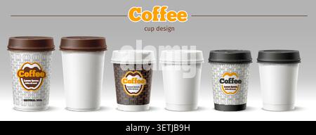 Designs for paper coffee cups. Realistic mockups of cardboard glasses for takeout drink. Hot beverage 3D mugs in various sizes both plain or with Stock Vector