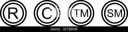 R, C, TM and SM letters in double circle shapes. Register, copyright, trademark and service mark icons isolated on white background. Commercial rights symbols. Vector graphic illustration. Stock Vector