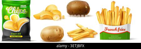 Realistic potatoes and nosh snacks. Realistic packaging for French fries or chips. Delicious beer appetizer. Starchy 3D vegetable. Tubers peeled or Stock Vector