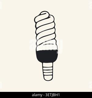 Vector hand drawn narrow spiral compact fluorescent lamp CFL light bulb. Minimalist black and white doodle of an energy efficient lamp for interior Stock Vector