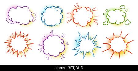 Cartoon speech bubble collection. Halftone cute cloud and explosion fluffy label frames, blank chat boxes. Doodle dialog shapes for comic, banner and text design. Vector illustration Stock Vector