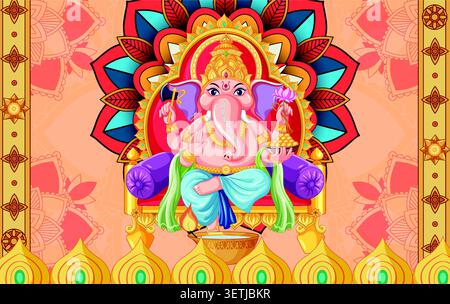 Colorful vector illustration of Hindu deity Ganesha seated on a throne with ornate mandala patterns. Stock Vector