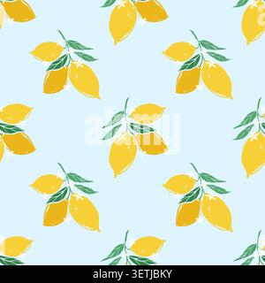 Seamless lemon branch pattern on pale blue background Stock Vector