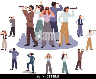 People gazing into distance. Men and women with telescopes. Businessman with binoculars. Characters looking at future. New perspectives and Stock Vector