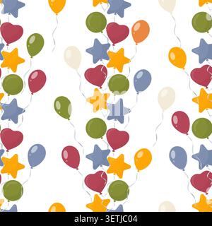 Seamless pattern with colorful balloons in heart, star and oval shapes. Vector illustration in soft flat style. Festive background for birthday, party Stock Vector
