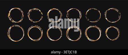 Brush sun rough. Abstract gold sun shape with wax crayon strokes. Luxury vector illustration on black background Stock Vector