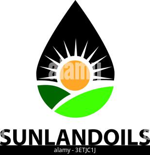 Sun, green fields, and oil drop Stock Vector
