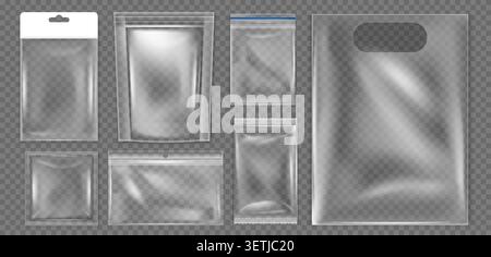 Transparent plastic packaging bags with empty zip lock pouches, clear sealed packets and glossy retail product mockups for food, candy, cosmetics, med Stock Vector