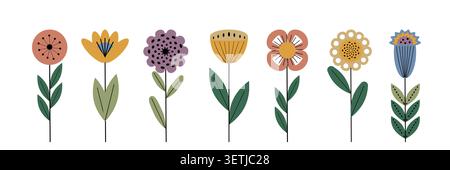 Collection of Colorful Floral Elements in Flat Color Style. Set of Spring and Summer Wild Flowers, Plants, Leaves, and Berries for Botanical Design, Nature Illustration, and Garden Decoration. Stock Vector Stock Vector