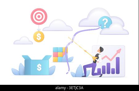 Volumetric business scene with target, dollar coin, question cloud, analytics chart and entrepreneur pulling strategy line toward growth goals isolated on white background vector illustration Stock Vector