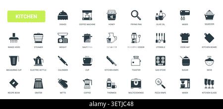 Kitchen cookware, utensils and small appliance symbols for cooking, baking and food preparation in home culinary workflow black solid icons set vector illustration Stock Vector