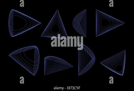 Abstract geometric shapes with wireframe lines, 3d triangular forms with curved edges, futuristic digital art elements on dark background Stock Vector