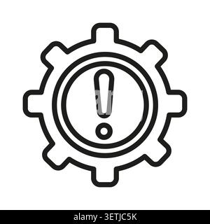 Exclamation mark gear wheel black vector icon features alert mechanics line. System warning attention complements error notification industrial proces Stock Vector