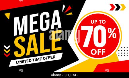 Mega sale banner design with up to 70 percent off, limited time offer promotion template with red, yellow, and black geometric shapes Stock Vector