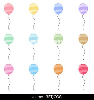 Collection of twelve cute pastel striped balloon vector icons. Colorful elements for birthday celebration, baby shower decoration, greeting cards, and Stock Vector