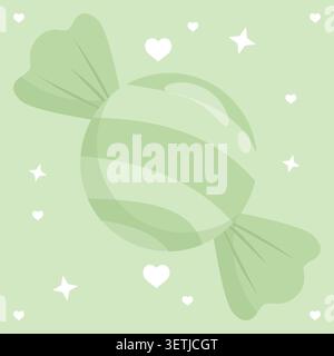 Cute green pastel wrapped candy with hearts and stars on a soft green background. Fresh candy vector illustration suitable for festive decorations, gr Stock Vector
