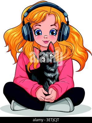 Blonde girl wearing headphones sits cross-legged holding a small black terrier in vector style Stock Vector