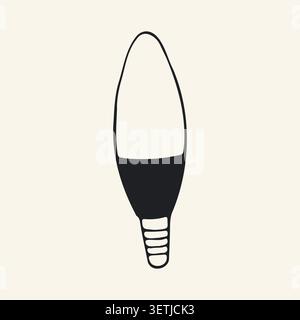 Hand drawn vector illustration of a candle shaped LED bulb. Cute black and white doodle of a decorative lamp for chandeliers, home decor and elegant Stock Vector