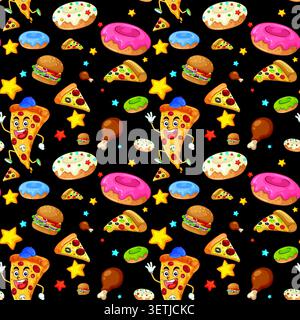 Seamless vector pattern with animated pizza slices, burgers, donuts, and stars on dark background. Stock Vector