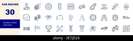 Car Racing, Motorsport, Formula Racing, Race Track and Racing Equipment Line Icons Set Editable Stroke Vector Illustration Stock Vector