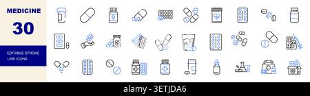 Medicine, Pills, Capsules and Pharmaceutical Line Icons Set Editable Stroke Vector Illustration Stock Vector