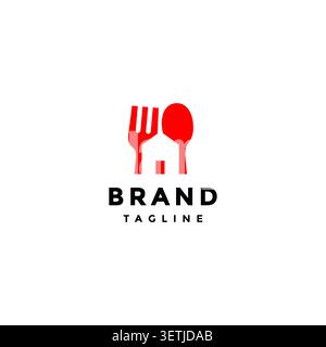 House Silhouette Between Spoons and Forks Logo Design. Red Spoons and Forks Flank House Icon Silhouette Logo Design. Stock Vector