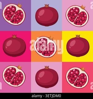 Colorful vector grid pattern with whole and sliced pomegranates on vibrant multicolored square backgrounds. Stock Vector