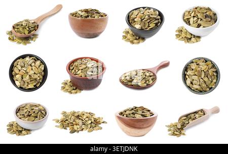 Dried pumpkin seeds isolated on white, set Stock Photo