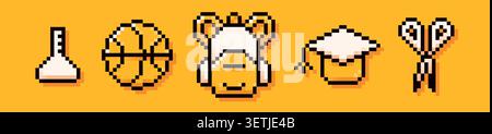 Back to School pixel art yellow elements. Backpack, flask, basketball, graduation hat, scissors. Stock Vector