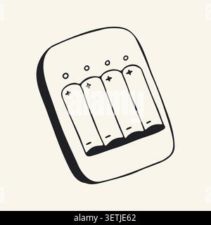 Hand drawn vector AA battery charger with four slots. Cute black and white doodle of a power station for rechargeable batteries for household Stock Vector