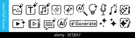 Artificial intelligence icon set. Collection includes media, music, image, text, microphone, video and AI generate symbols with sparkles. Machine learning symbols UI UX and app design vector elements Stock Vector