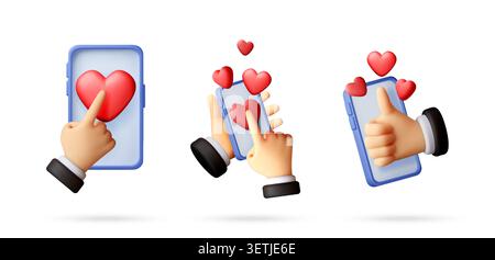 3D set of cartoon hand holding and interacting with smartphone. Finger tapping heart icon on screen, social media engagement and positive like gesture Stock Vector
