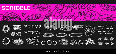 Hand drawn messy pen scratch set. Scribble marks squiggly sketchy pencil black line. Sketch brush strokes, doodles underlines crayon marker punk style elements. Grunge pack isolated on dark background Stock Vector